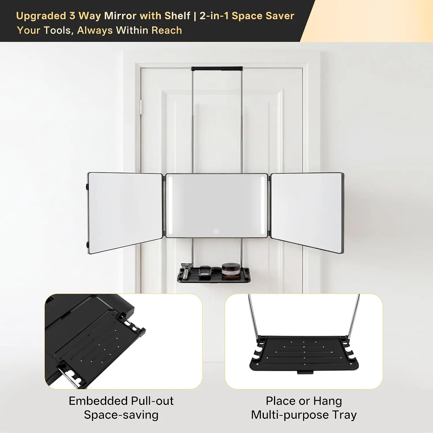 Folding 3 Way Mirror with Lights and Shelf 360 Self Cut Mirror for Self Haircut Rechargeable Dimmable LED Adjustable Hook for Wall Door Tabletop for Men Women Makeup Shaving Braiding for Haircut Makeu image 3