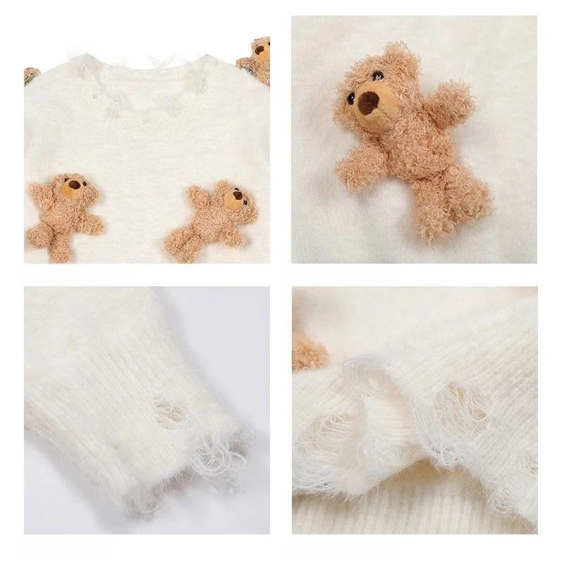 Suéter japonés Kawaii de manga larga para mujer, jersey informal Y2k de Color sólido con retales de osos dulces, jersey ajustado con cuello redondo para primavera y otoño
