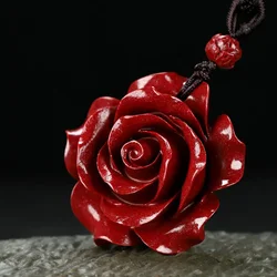Fashion Cinnabar Jade Rose Flower Pendant Necklace Jewellery Chinese Healing Women Man Luck Gift Sweater Chain