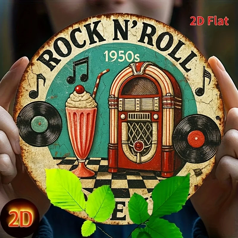2D Flat Retro 1950S Rock and Roll Metal Wall Decor - Vintage Truck and Rock and Roll Logo (1950-1959), Aluminum Wall Decoration for Home, Cafe, Party - Easy to Hang, No Electricity Required, 2D Flat Design, Music Room Decor