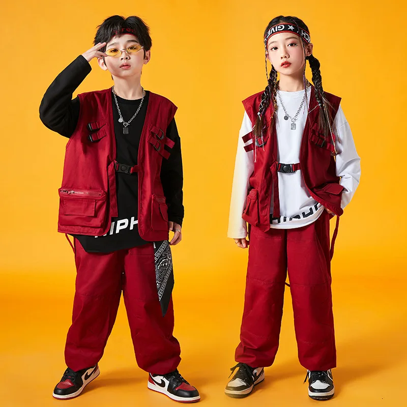 Vêtements de Performance de brevHip Hop pour Enfants, Costumes de Défilé de Scène Jazz, viser Rouges pour Bol et Garçons