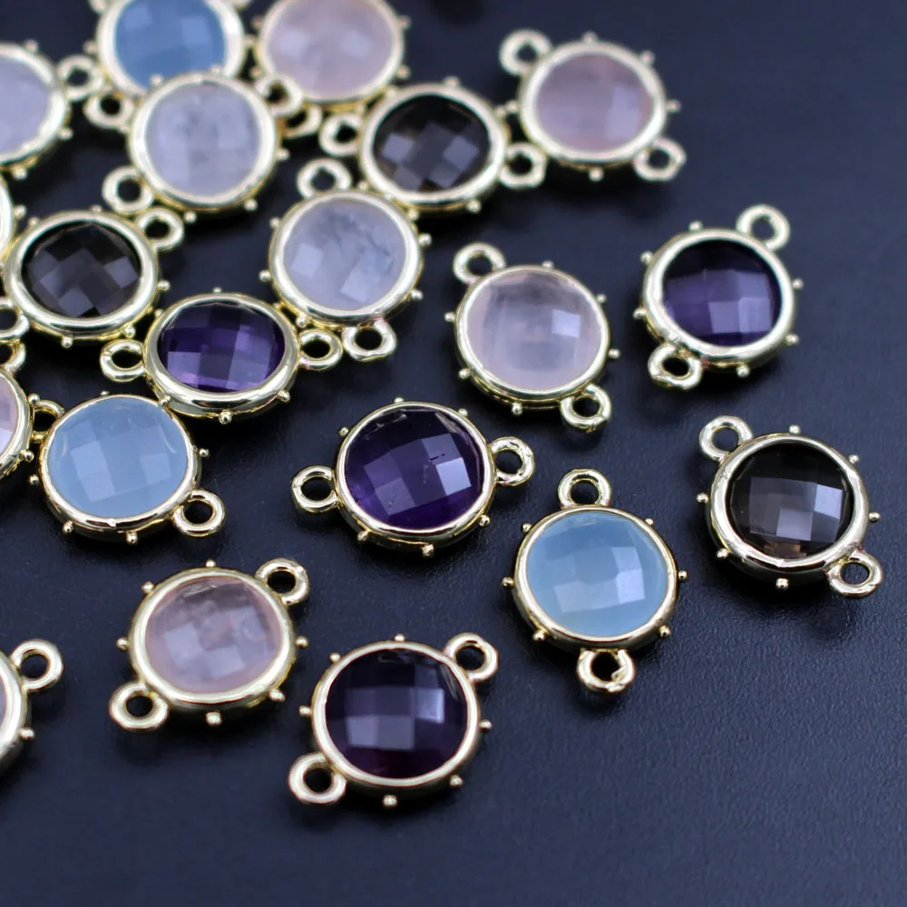 

10 шт. круглые граненые натуральные розовые кварца светло-голубые каменные подвески-подвески разъемы DIY для женщин звено-цепочка браслет серьги