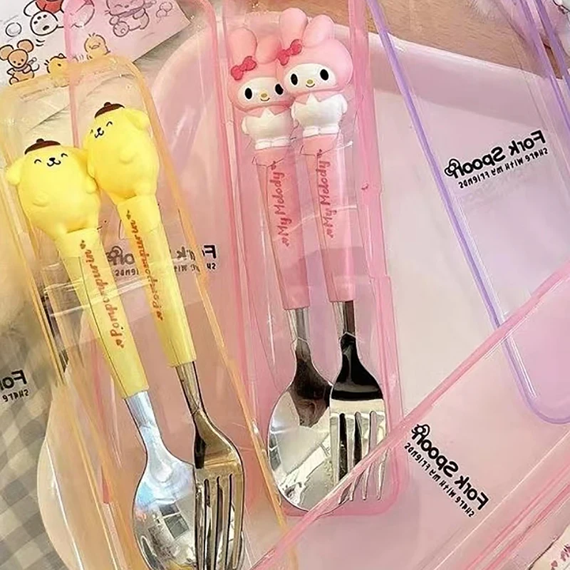 2Pcs Anime Sanrio Figure Stainless Steel Spoon Fork Hello Kitty Kuromi Melody Cartoon Cutlery Spoon Fork Tableware Box Kids Gift