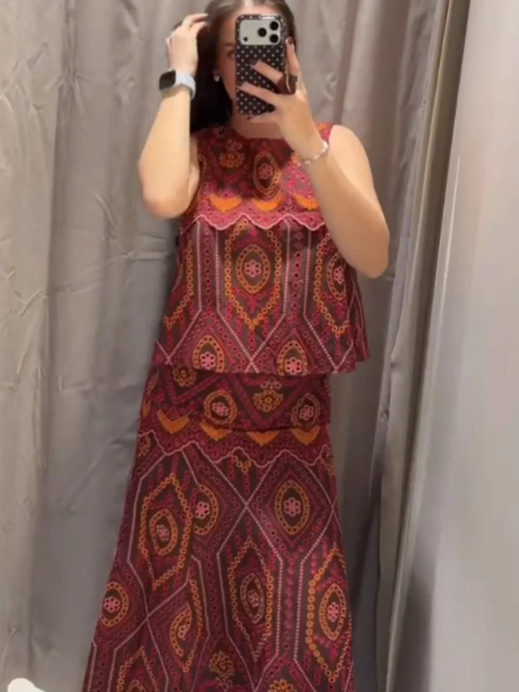 HH Woman Fashion Hollow Embroidery Sleeveless O-Neck Short Tops+Side Zipper Pleated Midi Skirt Casual Printed Spring 2 Piece Set