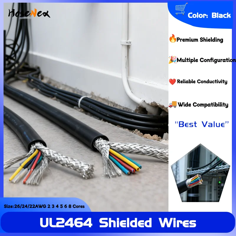 

2/5/10M Black UL2464 Shielded Multi-Core Cable 22/24/26AWG 2 3 4 5 6 8 Core Audio Signal Control Wire with Copper Shield