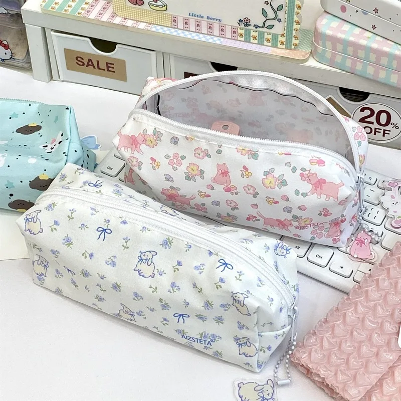 Cute Cartoon Student Only Pencil Case Sweet Floral Bear Kitten Bunny Stationery Storage Bag Portable Lovely School Pen Bag