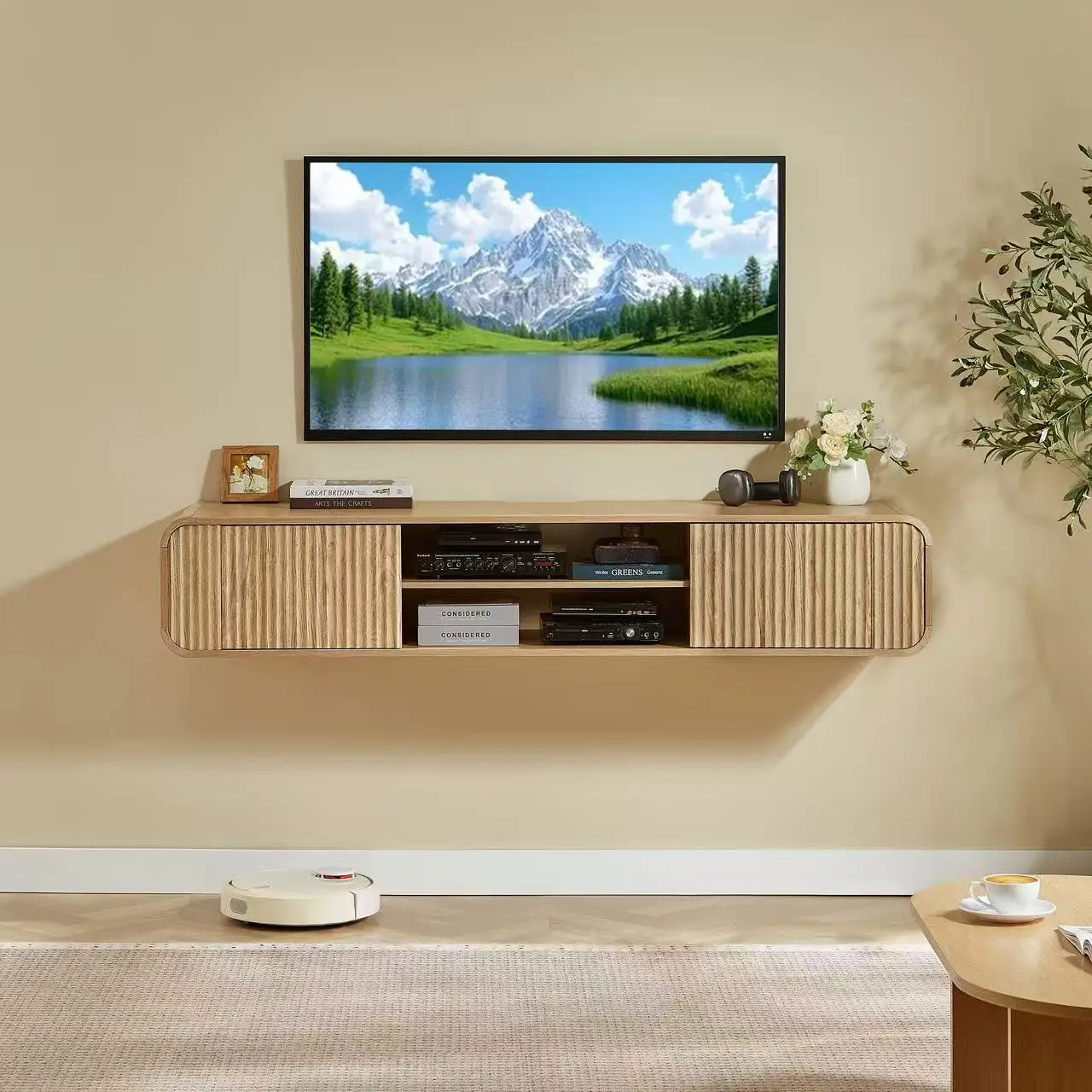 Mobile TV da parete, 160 cm, con ripiani a giorno e vani aperti, design a onda, finitura naturale/nera, con canale per cavi.
