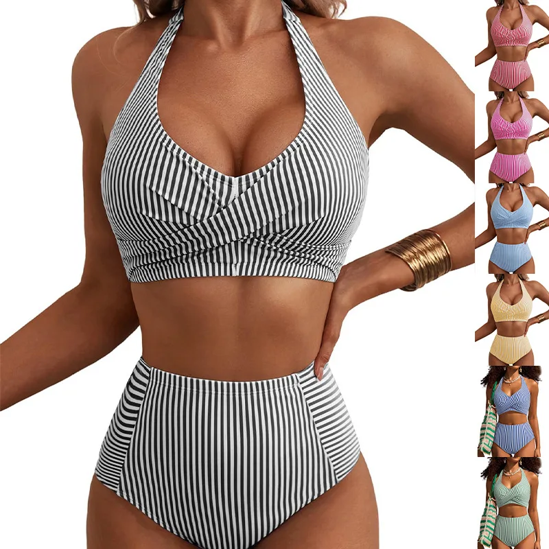Striped Split Swimsuit for Women Two-piece Fashion Bathing Suit Holiday Beachwear Swimwear Summer High Waist Bikini Set