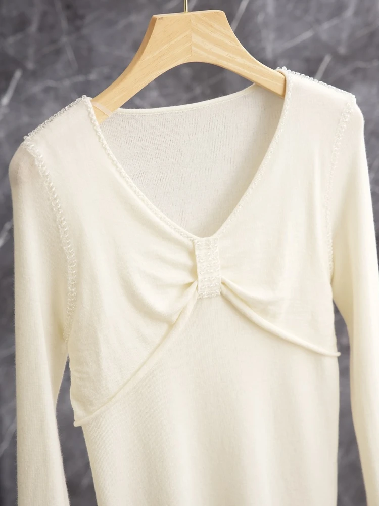 

Белый вязаный свитер Ele с узлом и эффектом стройности, из премиальной шерстяной смеси, с V-образным вырезом, длинными рукавами, модный, повседневный.