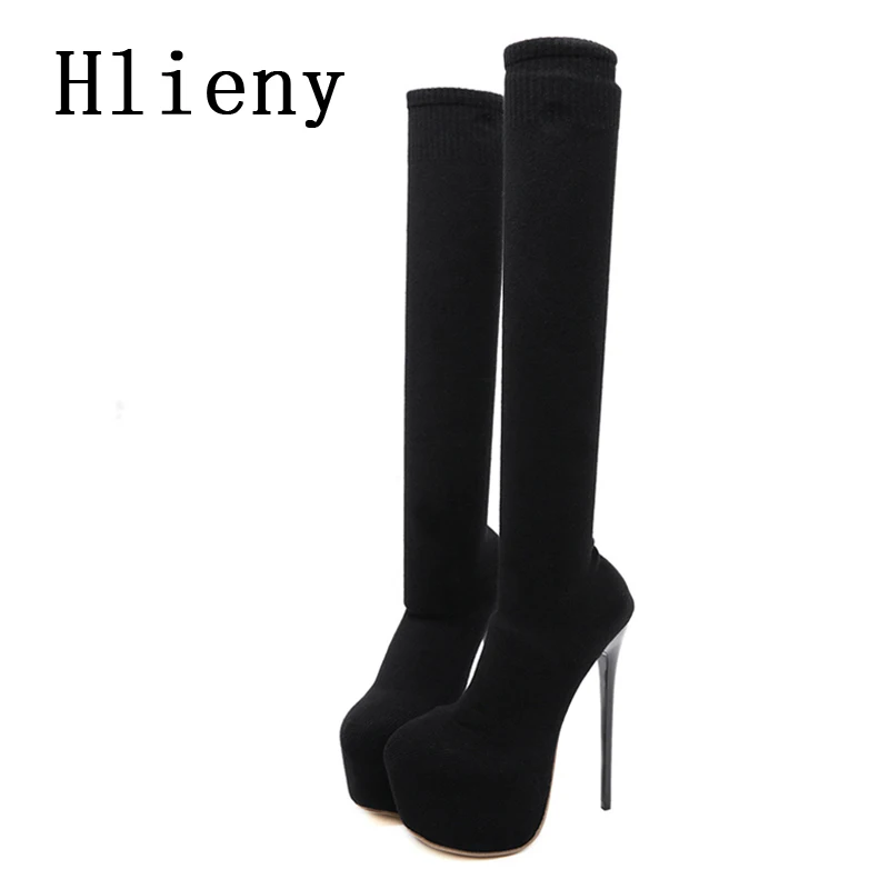 Hlieny Fashion Platform Woman Over Knee Winter Boot Womens Black Knitting Round Toe Thigh High Long Socks Lady Shoes Size 35-42