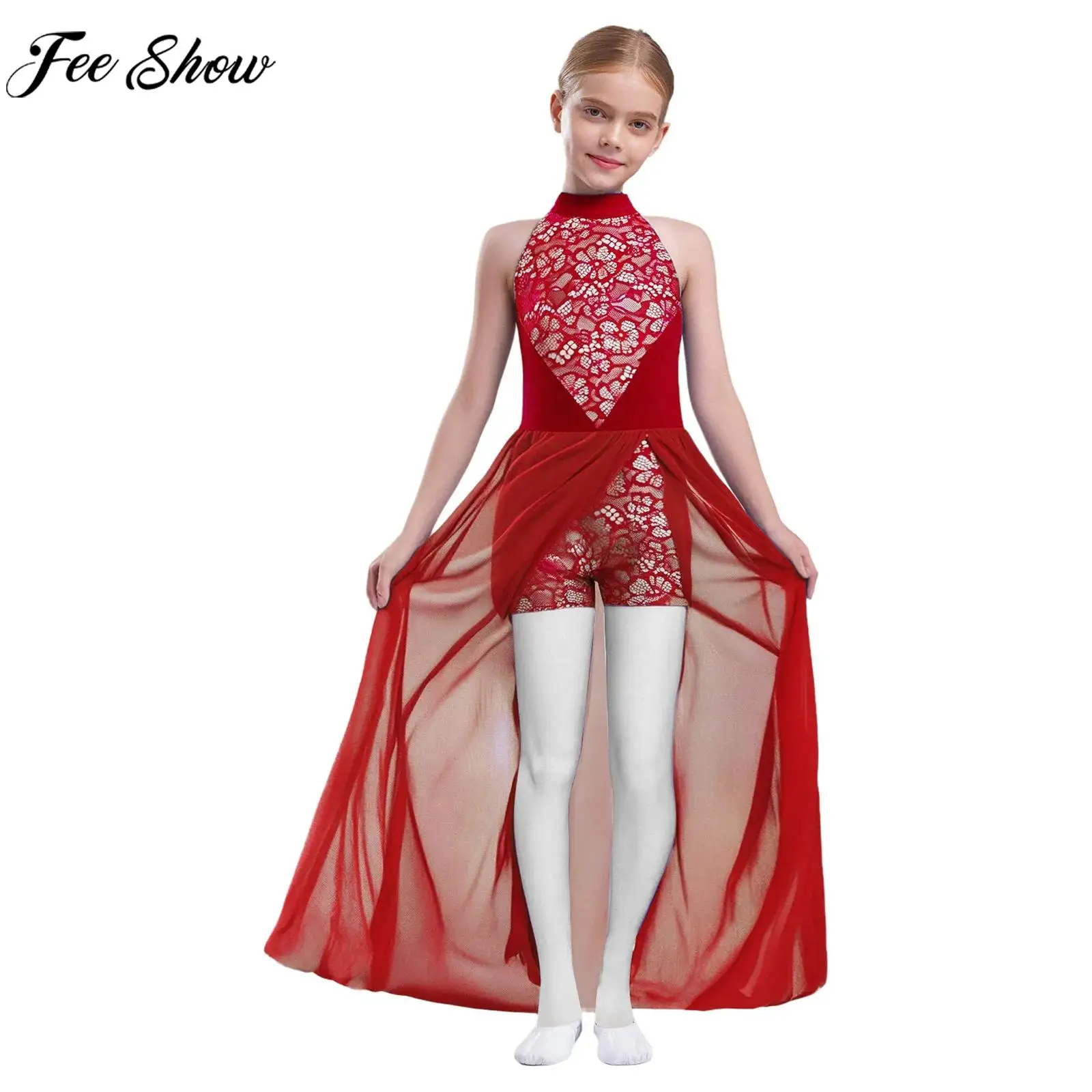 Niños Niñas sin mangas de encaje de malla moderna danza lírica leotardo vestido patinaje artístico gimnasia acrobacias falda mono Ropa de baile