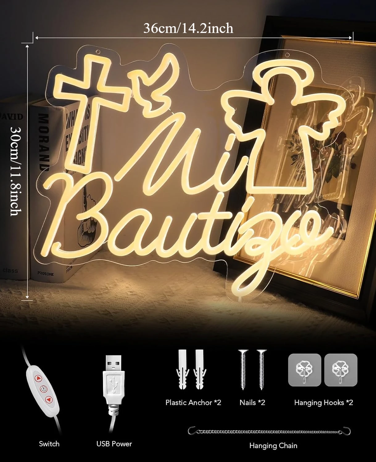 Mi Bautizo Neon Signs for Baptism Decorations USB Dimmable Led Sign for First Birthday Party Baby Shower Room Christmas Decor