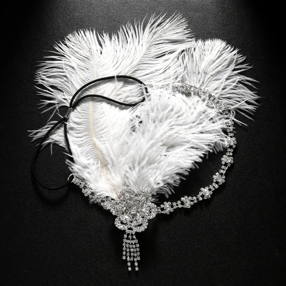 Stonefans Flower Feather Flapper Headband Great Gatsby Hair Accessories Vintage Tassel Rhinestone Forehead Chain Wedding Women