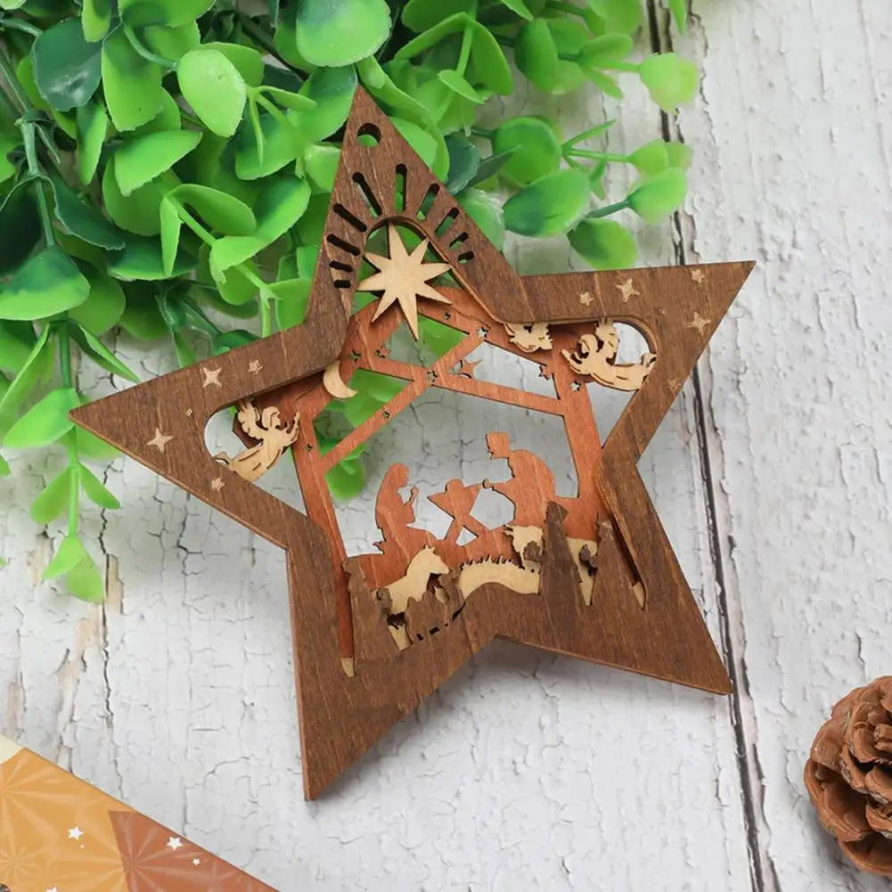 Christmas Star Pendant Xmas Tree Hanging Ornament Nativity Scene Decoration Wood Star Pendant for Xmas Tree Home Decoration