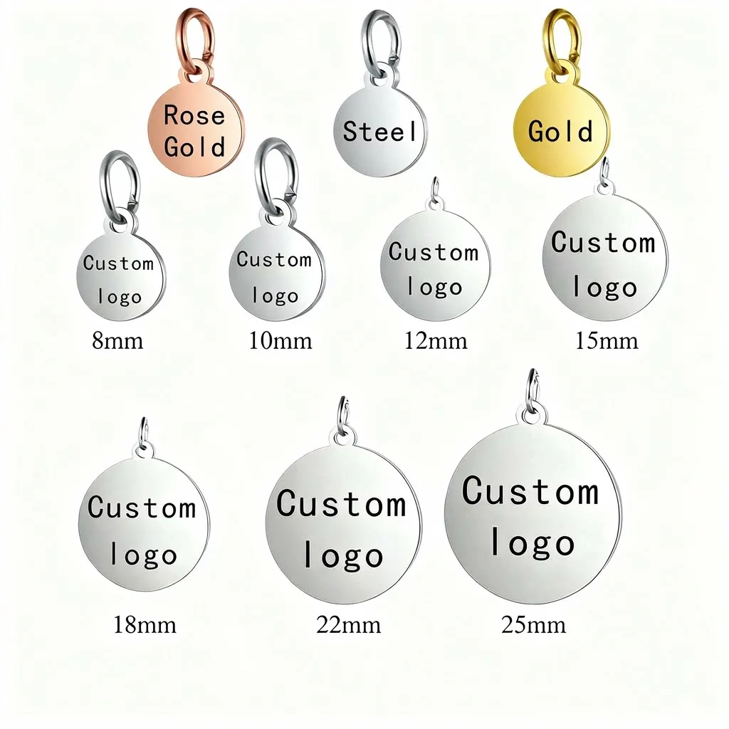 30pcs Custom Stainless Steel Logo Branding Gold Laser Engraving Text Charm Metal Name Tag Jewelry Label Wholesale Rose Gold Tags