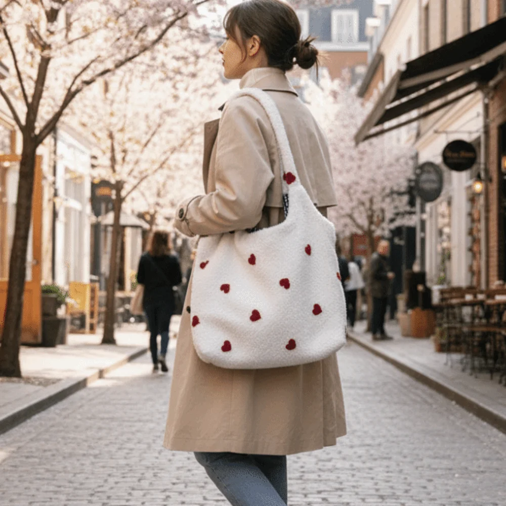 

Lovely Cusual Embroidery Flower Tote Bag Large Capacity Love Heart Underarm Bag Sweet Soft Fluffy Shoulder Bag Autumn/winter