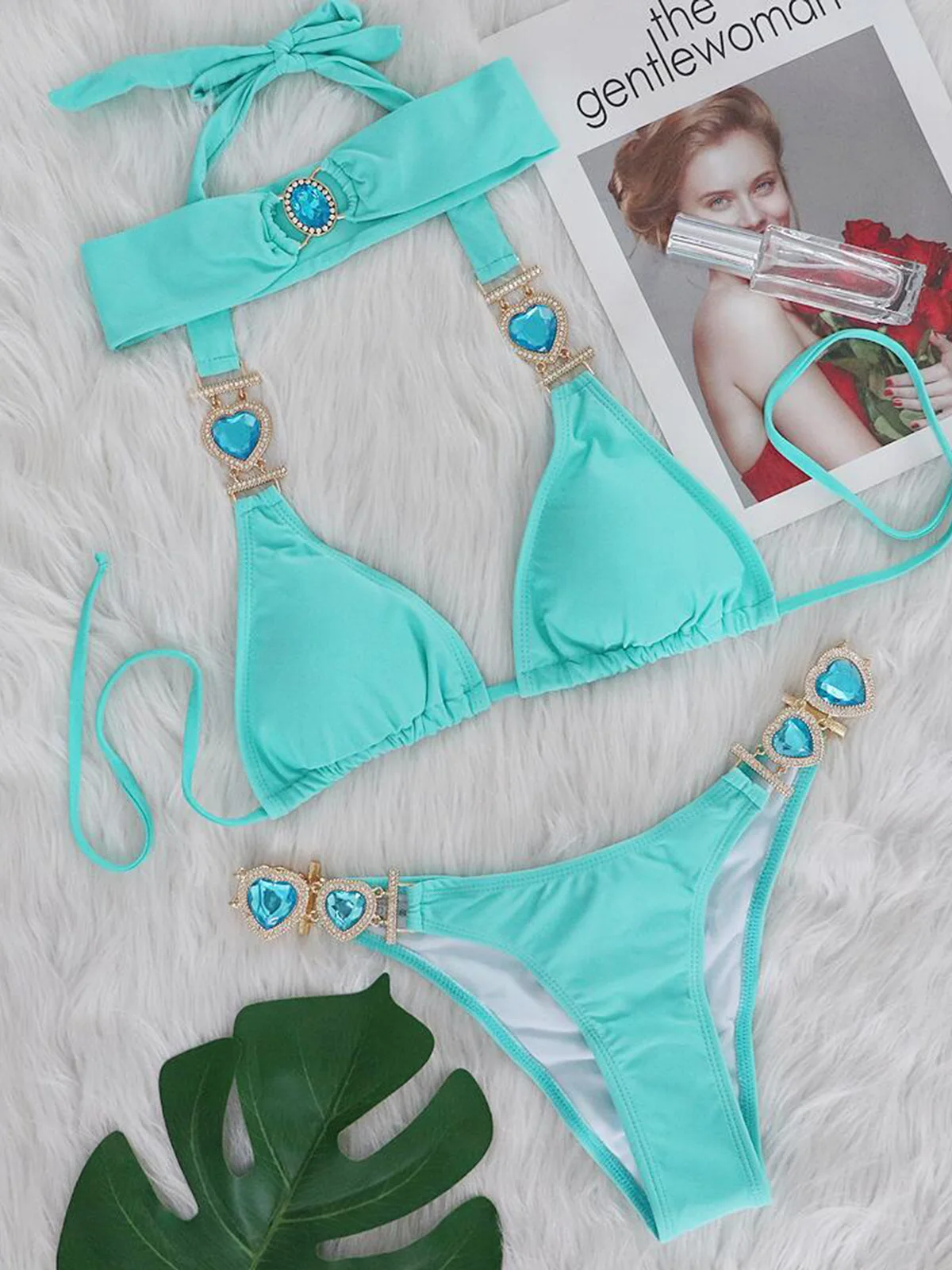 

Бикини с бриллиантами и стразами, женский купальник, комплект бикини из двух частей с повязками для волос, купальный костюм V3047G