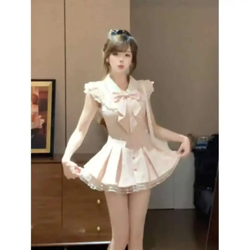 

Plus Size French Sweet Lace Flying Sleeve Short Dress Pink Lapel Bow Single-breasted Slim Princess Puffy Dresses Sissy COS