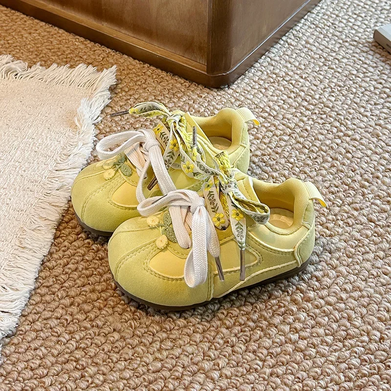Toddler Girls Floral Bow Sneakers Magic‑Tape Fake Lace‑Up Soft Rubber Sole Casual Walking Shoes