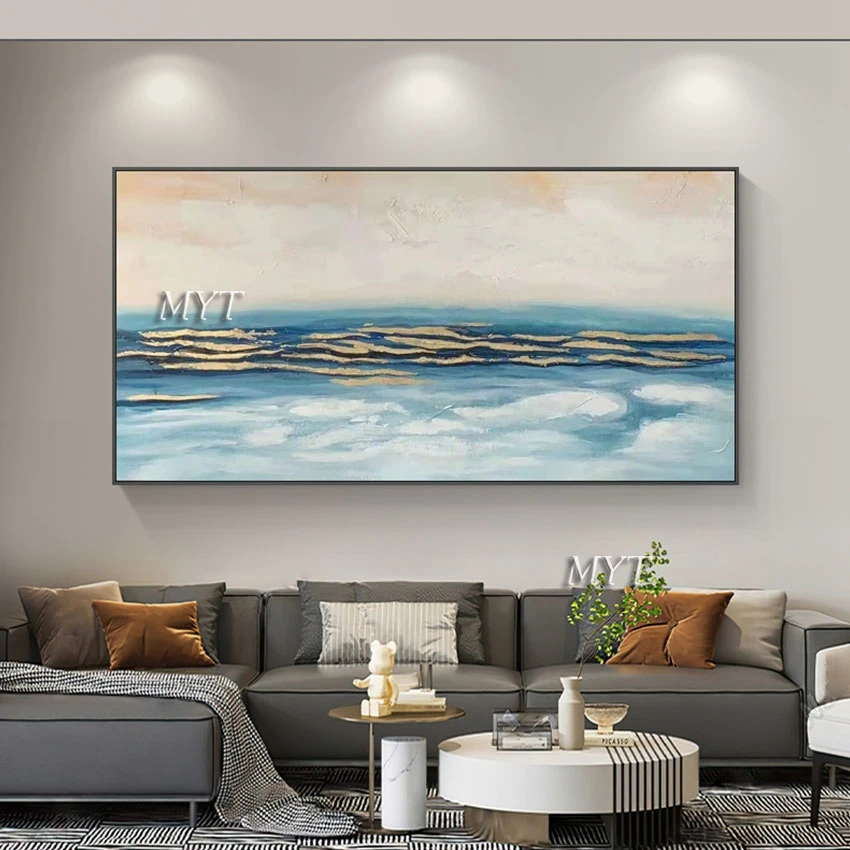 

Large Wall Decoration Abstract Modern Cheap Canvas Artwork Gold Foil Design Art Picture Unframed Sea Wave Landscape Painting