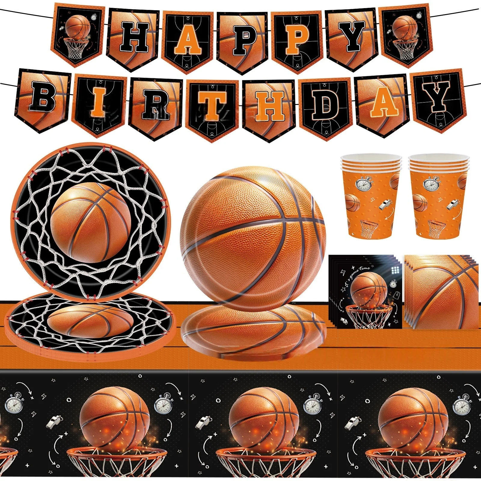 Ensemble de décoration de fête sur le thème du basket-ball 24p, assiettes en papier, nappe, fournitures de fête d'anniversaire pour enfants, Arrangement