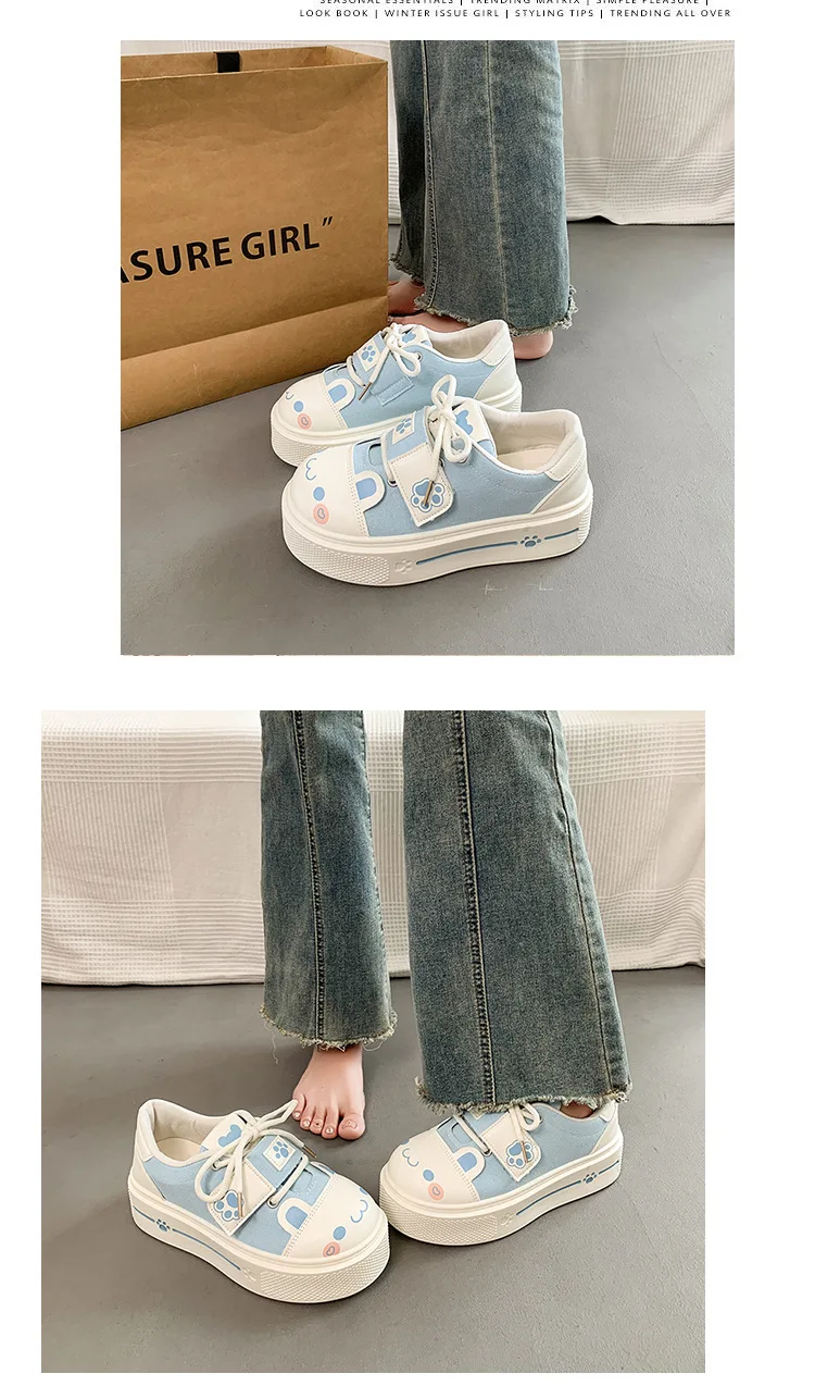 Kuschelige Katzenpfoten-Canvas-Schuhe, Schnür-Sneaker mit Kätzchen-Patchwork für Damen, Plateau-Schuhe aus Kunstleder, Lolita-Chunky-Trainer – Detail 14