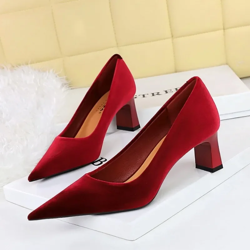 BIGTREE Spring Autumn Women Pumps Pointed Toe Shallow Velvet 6CM Square heel Cover Heel Women's Shoes Elegant Heel