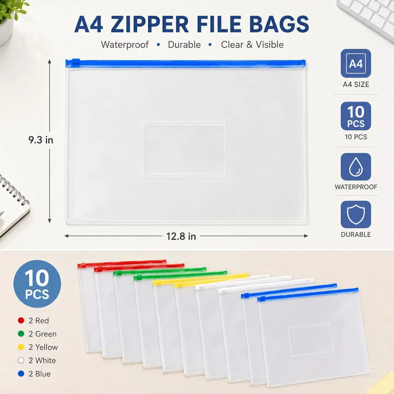 10pcs Transparent A4 Zip File Pouch Multi Color Plastic Document Bag Tag Pocket Student Office Stationery Paper Storage Folder