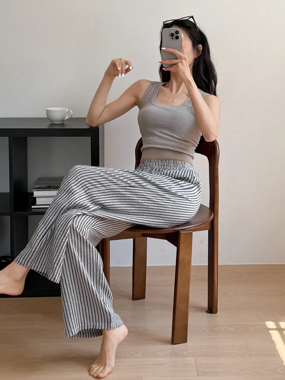 

Summer Casual Striped Loungewear Pants, Loose Wide Leg Trousers, Breathable Skin-Friendly Homewear for Women