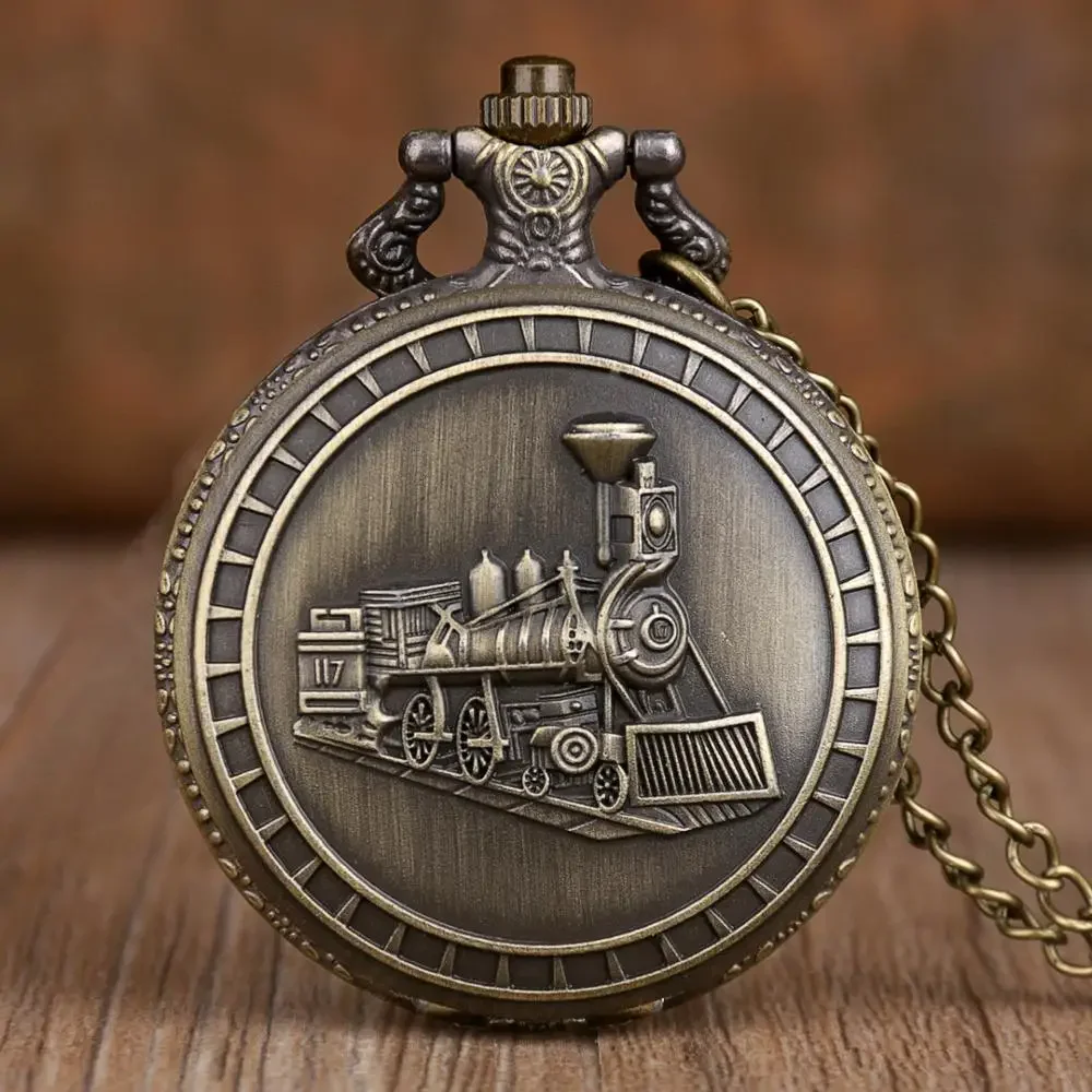 

Unique Retro Bronze Train Front Locomotive Engine Design Necklace Pendant Quartz Pocket Watch with FOB Chain Mens Womens Gifts