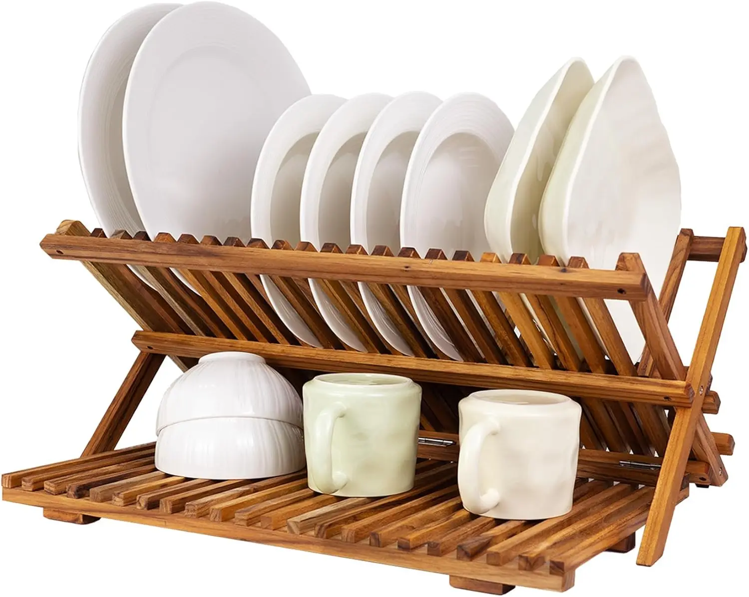 

Large 3 Tier Teak Dish Drying Rack, Collapsible Wooden Kitchen Countertop Organizer for Plates Cups Bowls