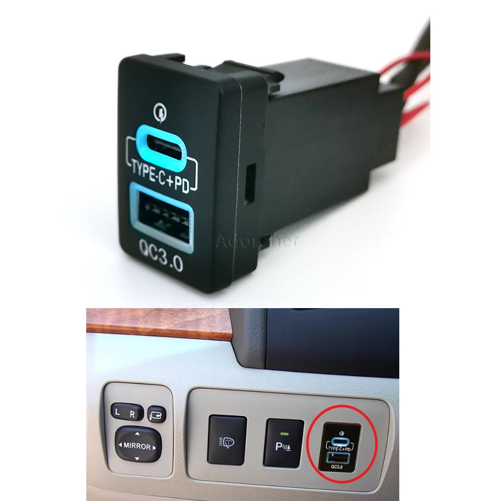 

12/24 В QC3.0 Автомобильное двойное зарядное устройство USB Type C PD Интерфейс зарядки телефона Разъем Кабель Синий свет для Toyota