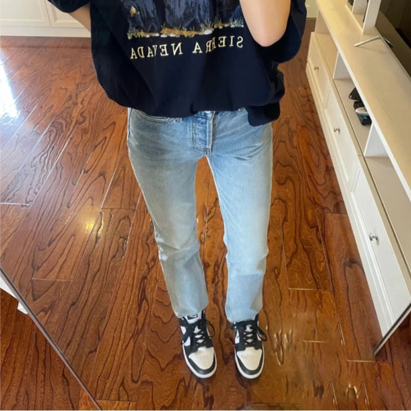 

High Waist Straight Jeans Women Leisure Simple Basic Distressed Trousers Students Washed New Spring Harajuku Y2k Korean Fashion