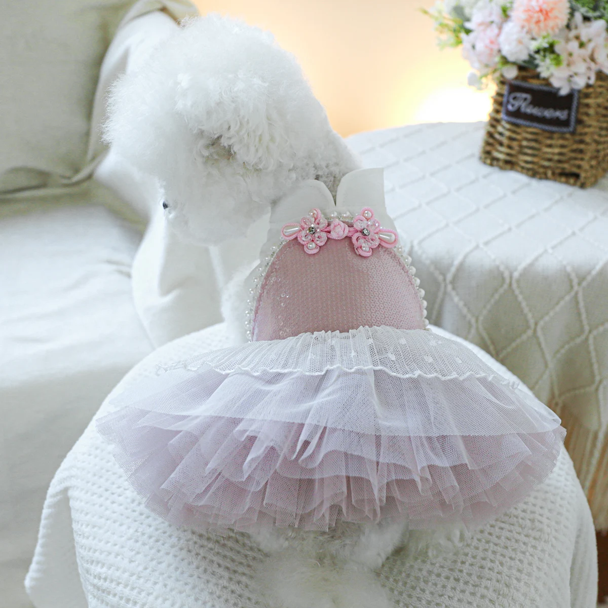 1PC Pet Clothing Spring and Autumn Pink Blossoming Buckle Wedding Dress Princess Dress Suitable for Small and Medium sized Dogs