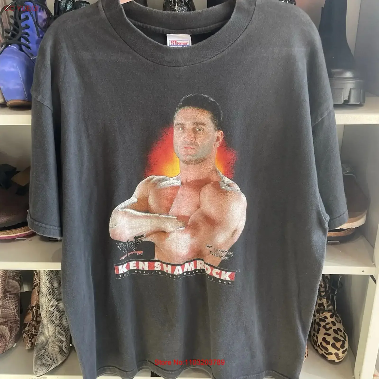 Camiseta Vintage WWF Ken Shamrock XL, Estilo Wrestling, Gráfico Lavado, Moda para Uso Diário, Roupas de Designer Esticadas