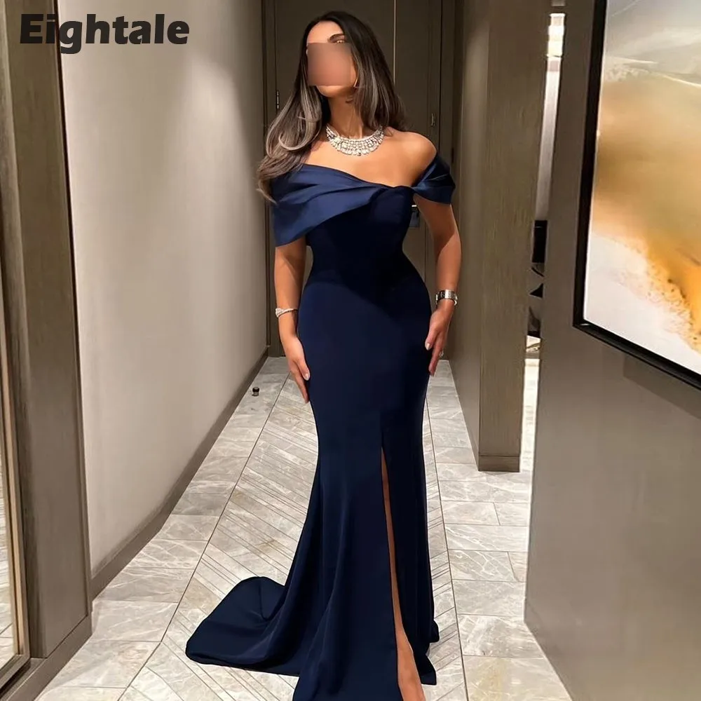 

Eightale Navy Blue Evening Dress Side Slit Prom Gown Mermaid Customized Arabic Wedding Party Dresses Robes De Soirée