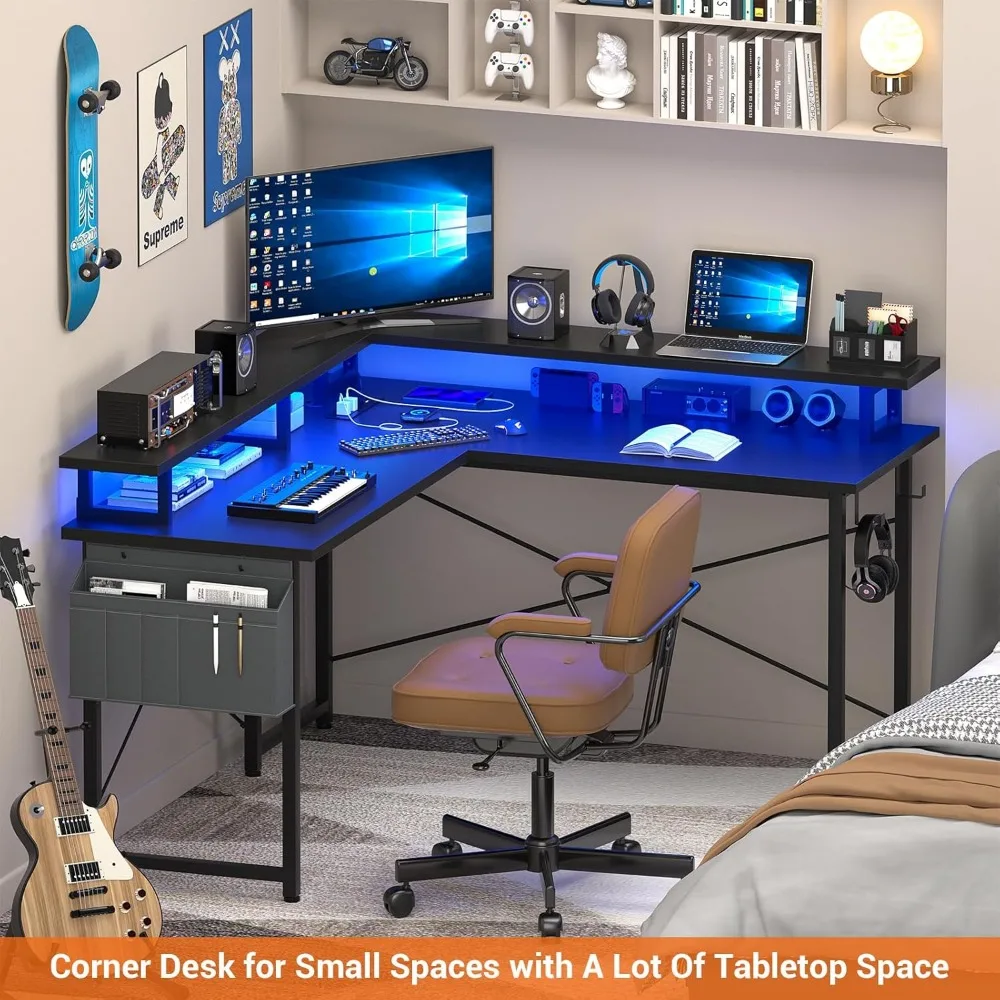 L Shaped Computer Desk with Power Outlets, Gaming Desk L Shaped with LED Lights, Corner Desk with Storage Shelves, Work  Desk