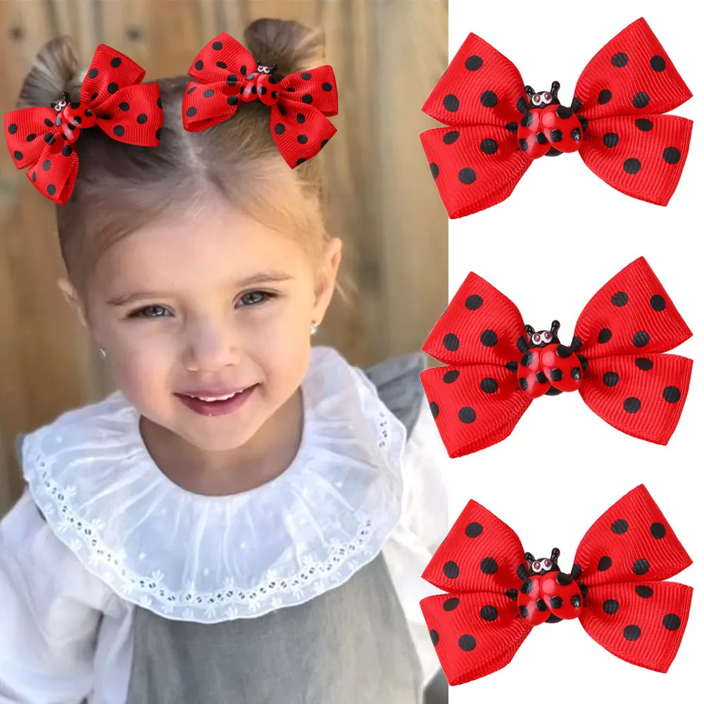 2PCS Cartoon Ladybug Ribbon Bows Hair Clip Kids Hair Pin Headwear Cute Black Dot Print Barrettes Girls Hair Accessories