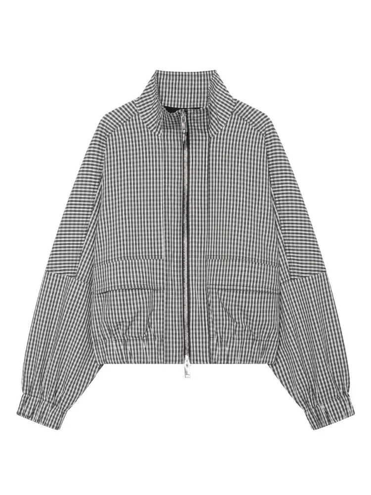 HH Women Summer Gingham Cropped Jacket High Collar Zip Up Long Sleeve Relaxed Fit For Holiday Gathering Beach Vacation Party