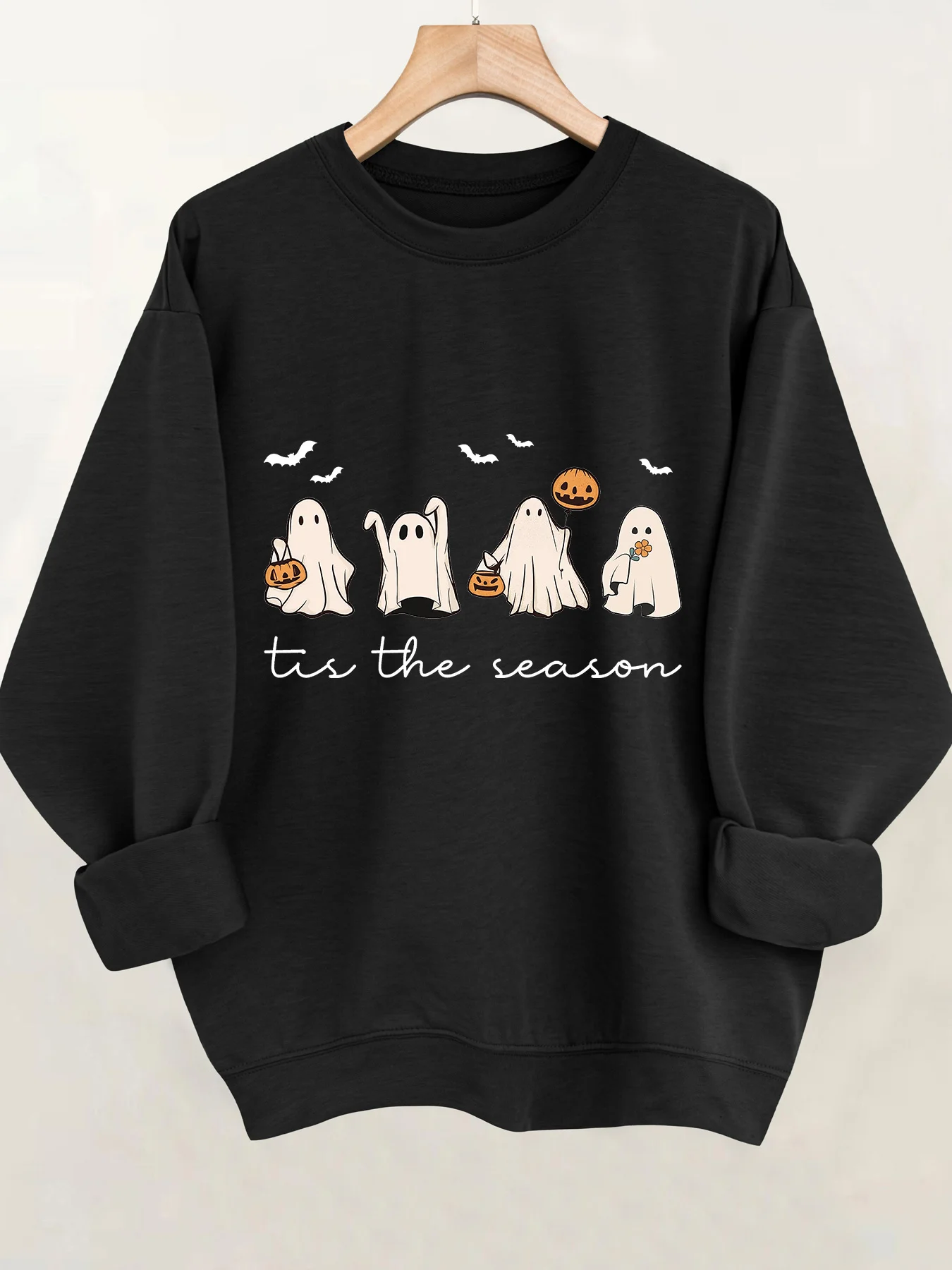 

[Halloween Sweatshirt] Vibrant Orange Women's Halloween Graphic Crewneck Sweatshirt | Cute Ghosts