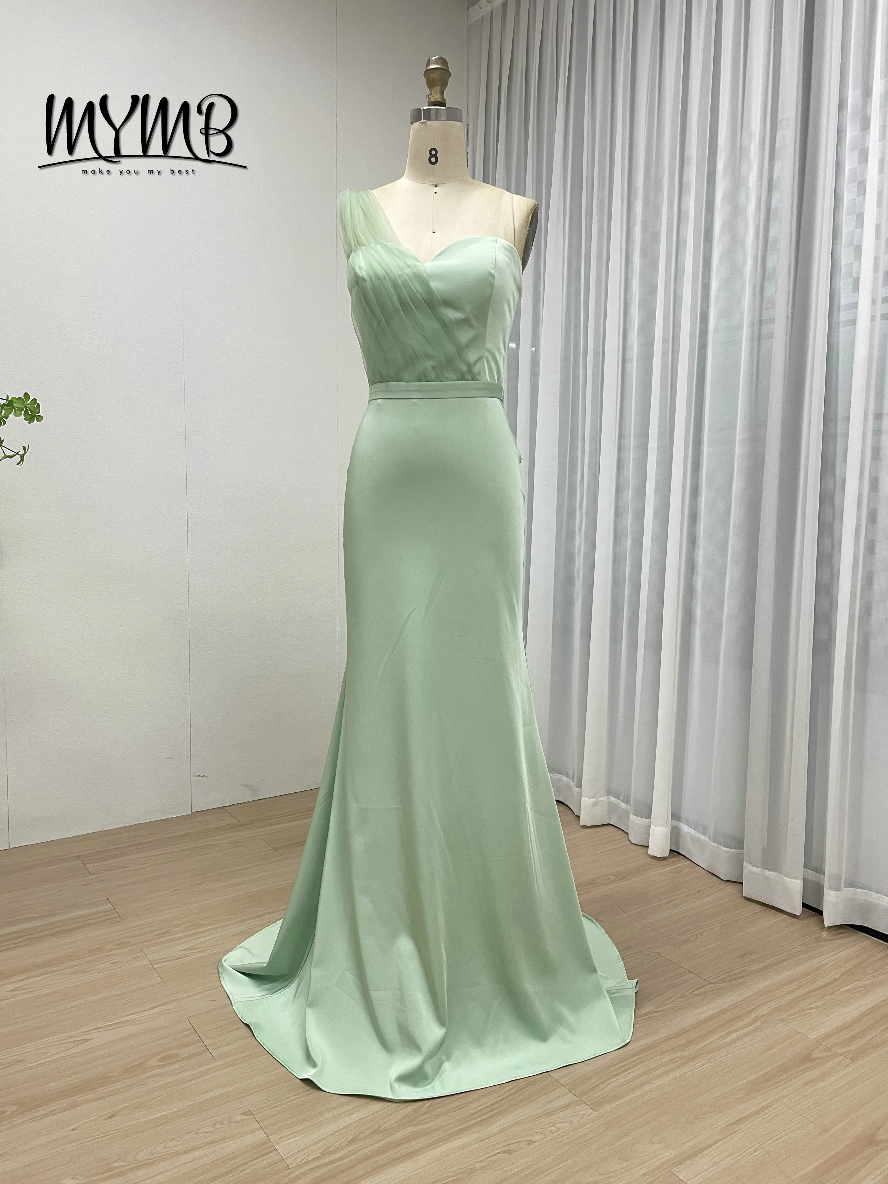 MYMB Elegant Mint Mermaid Evening Dress for Bridesmaid Satin Halter Neck Small Train Women Formal Long Prom Party Dress MC20072
