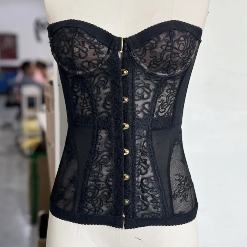 Sexy Style Black Women Strapless Top Lace Hollow Out See Through Top Corset Vest Party Vacation Wear