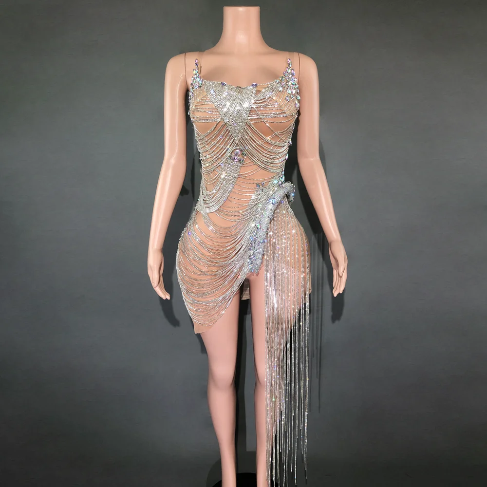 Vestido de fiesta de noche de lujo para mujer, brillante, diamantes de imitación, cadenas, Sexy, transparente, espectáculo de fotografía, ropa de escenario, celebración de cumpleaños