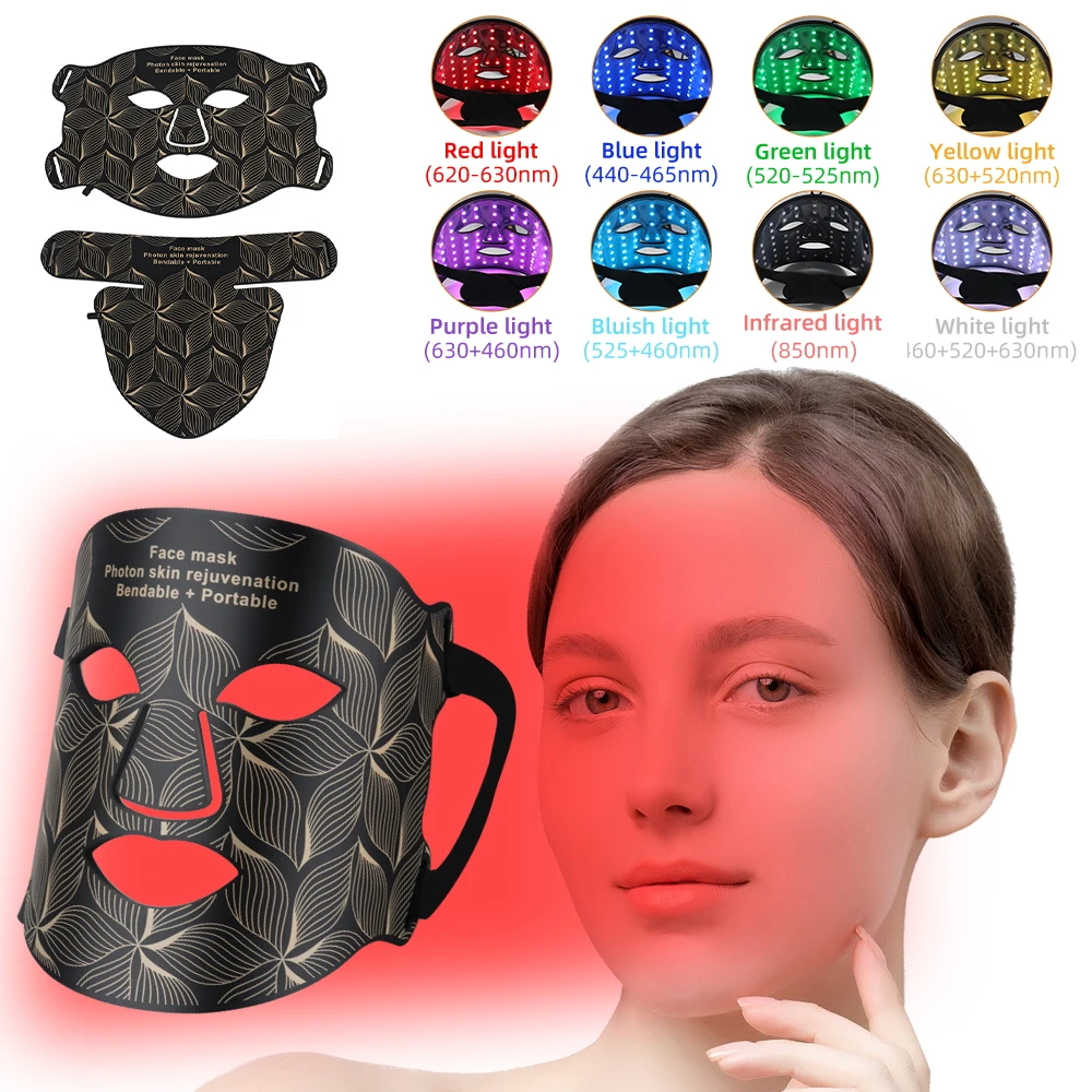 Mascarilla Facial con luz LED para el cuidado de la piel, máscara para terapia de luz en el hogar, color rojo, infrarrojo cercano, 8 colores