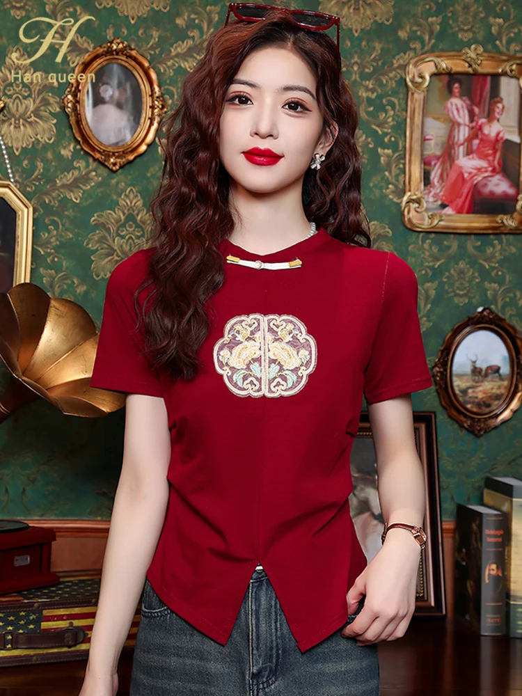 H Han Queen 2024 Summer Clothes Short Sleeve Office Vintage Tops Chic Korean Blouses Women Simple Basics Casual Vintage T-Shirts