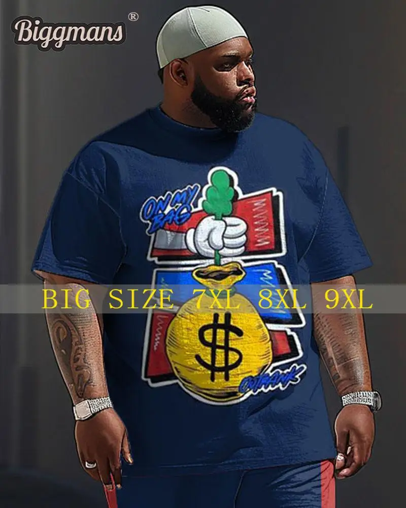 Biggmans Plus Size L-9Xl for Men's Clothing Summer Casual Sports On My Bag Money Letter Print Large Man Short Sleeved T-Shirt