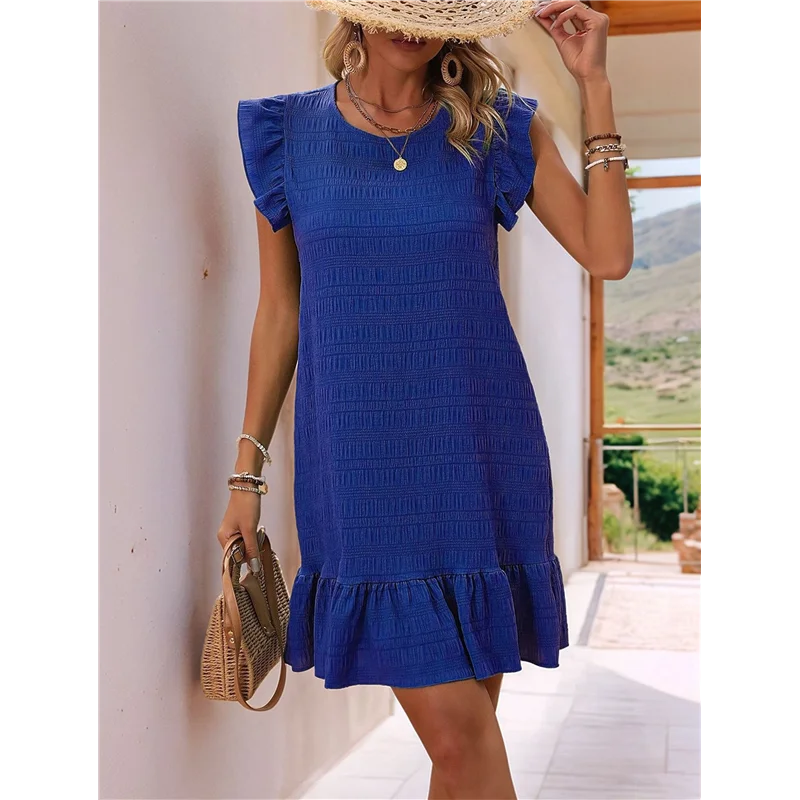 A83F-Vestiti estivi da donna, girocollo, maniche ad aletta, orlo con volant, mini abito grembiule casual