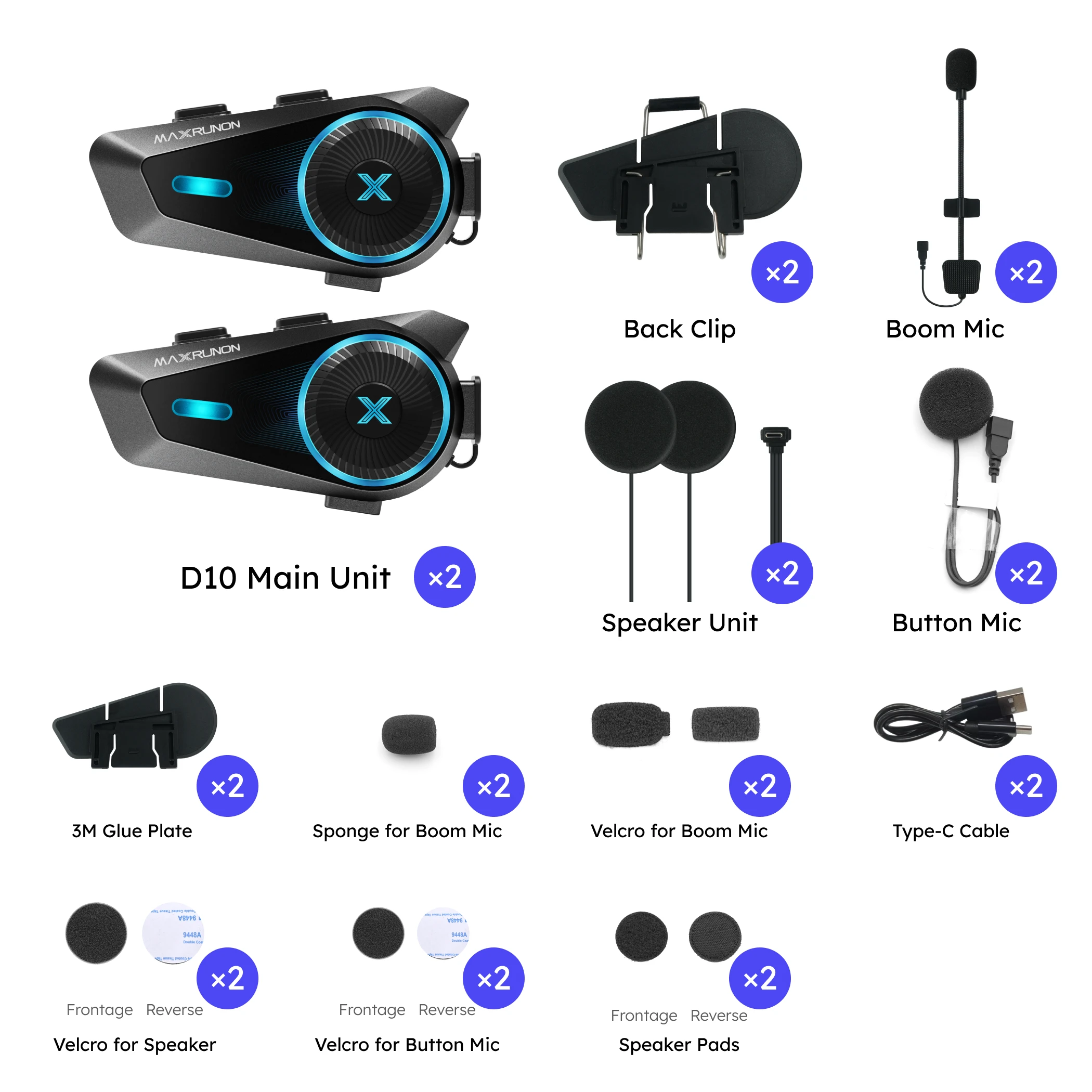 MAXRUNON D10 Motorfiets Intercom voor 4 Rijders Helm Headset Moto Groepsintercom App, AI Spraakbesturing, ENC, IPX7, FM, BT5.4
