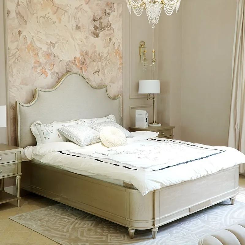 American-style Light Luxury Solid Wood Double Bed Modern Design Durable Champagne-colored for Hotel Guest Rooms
