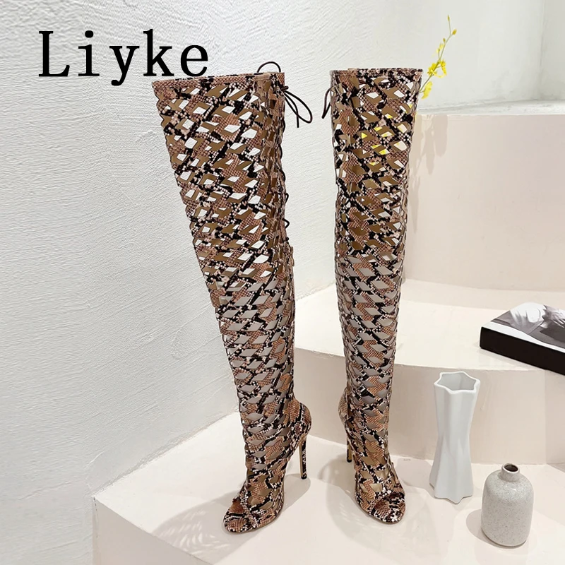 Liyke Sexy Snakes Print Leather Women Hollow Out Thigh High Over The Knee Boots Sandals Fashion Open Toe Zip Lace-Up Heels Shoes